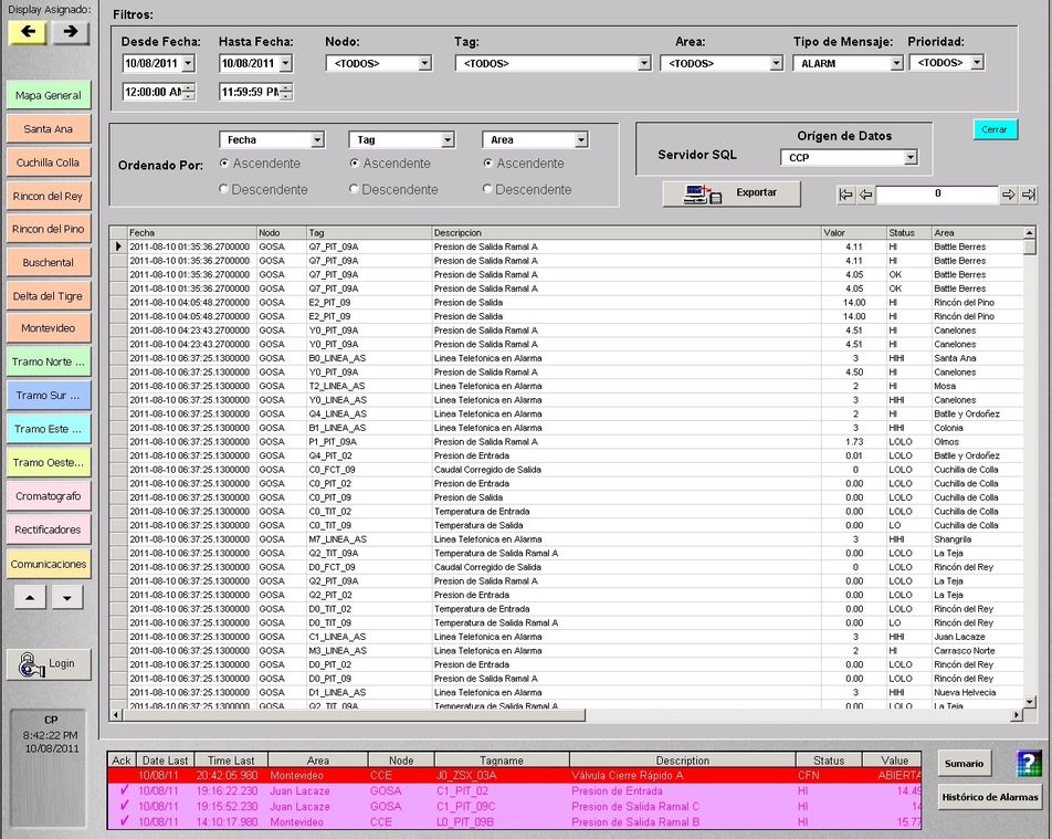 GCDS SCADA screen: alarm and event history