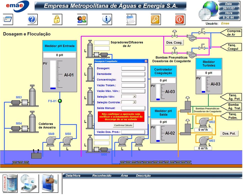 EMAE SCADA screen: chemical dosing and flocculation