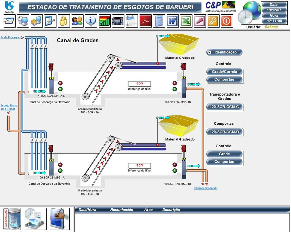 SCADA screen of the Barueri wastewater treatment plant: screening channel and grit conveyors
